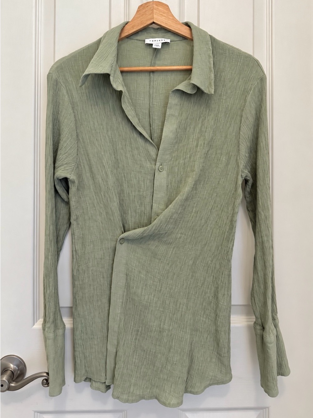 Topshop Sage Green Long-Sleeve Button-Front Blouse